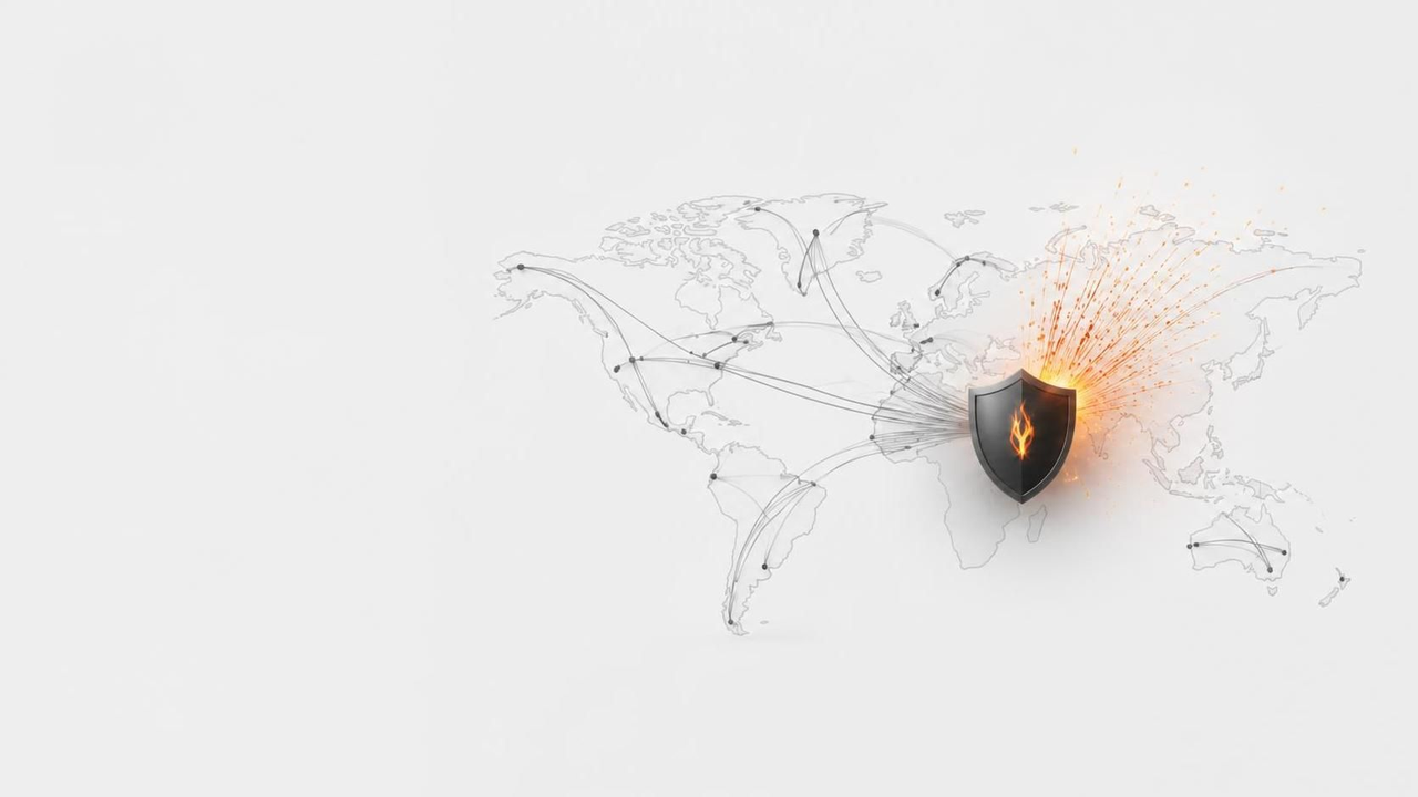 FYRHost DDoS abstract: cyan shield around racks