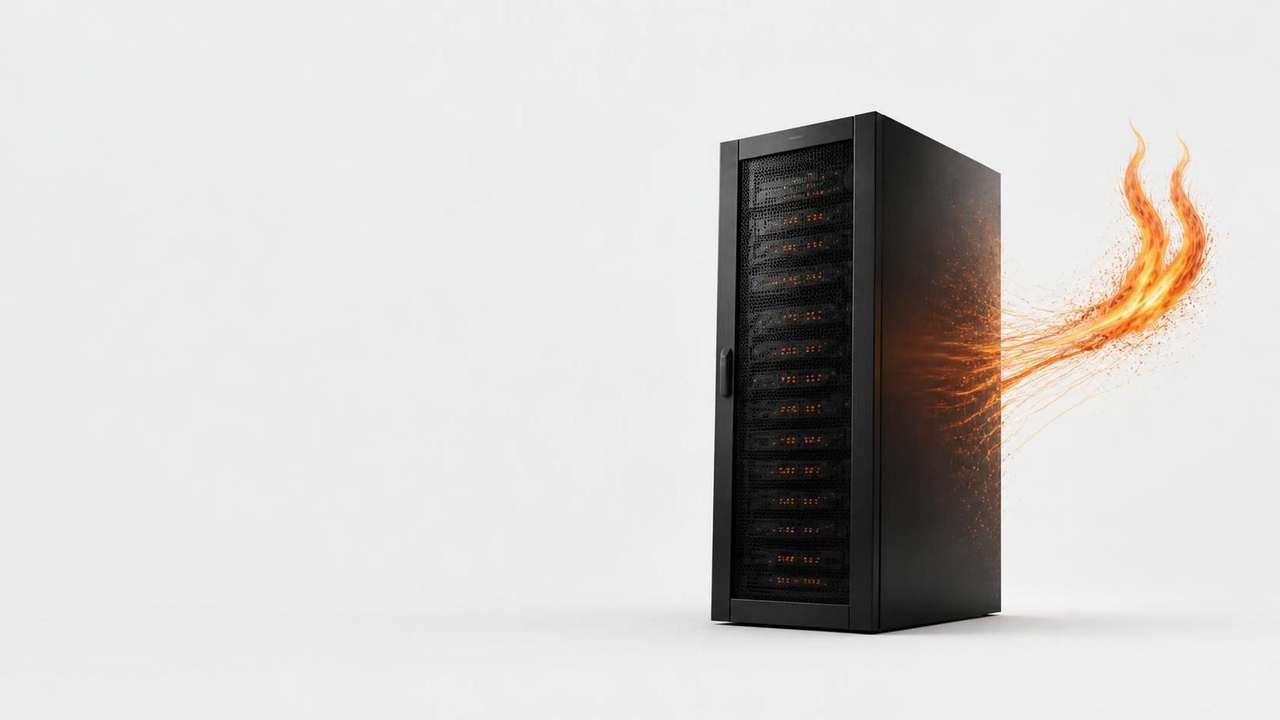 FYRHost light dedicated: metal tower dissolving into rising flame on #f2f4f3