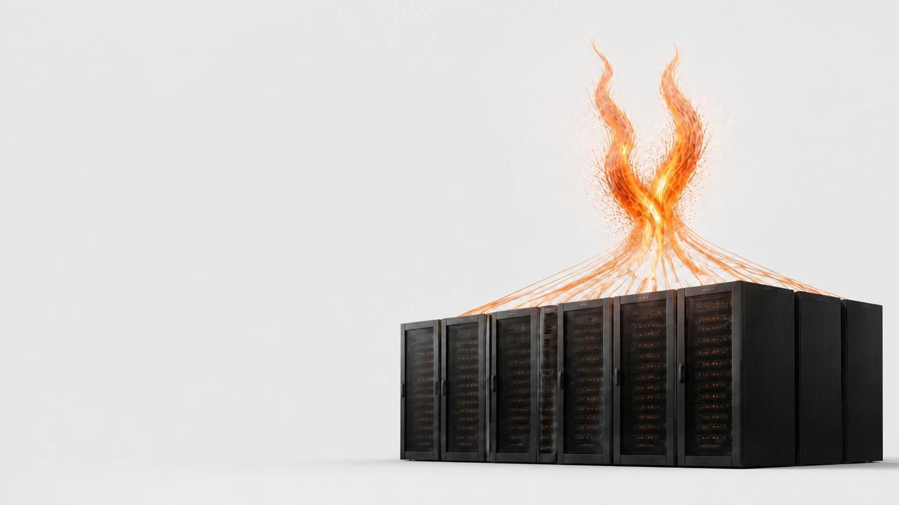 FYRHost light KVM: rack row with data flows rising into one flame